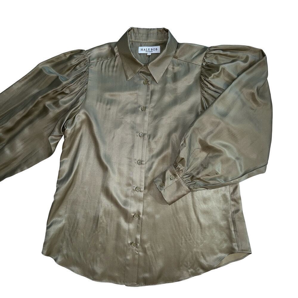 Hale Bob Olive Green Viscose/Silk Button Up Balloon Sleeve Blouse Size S